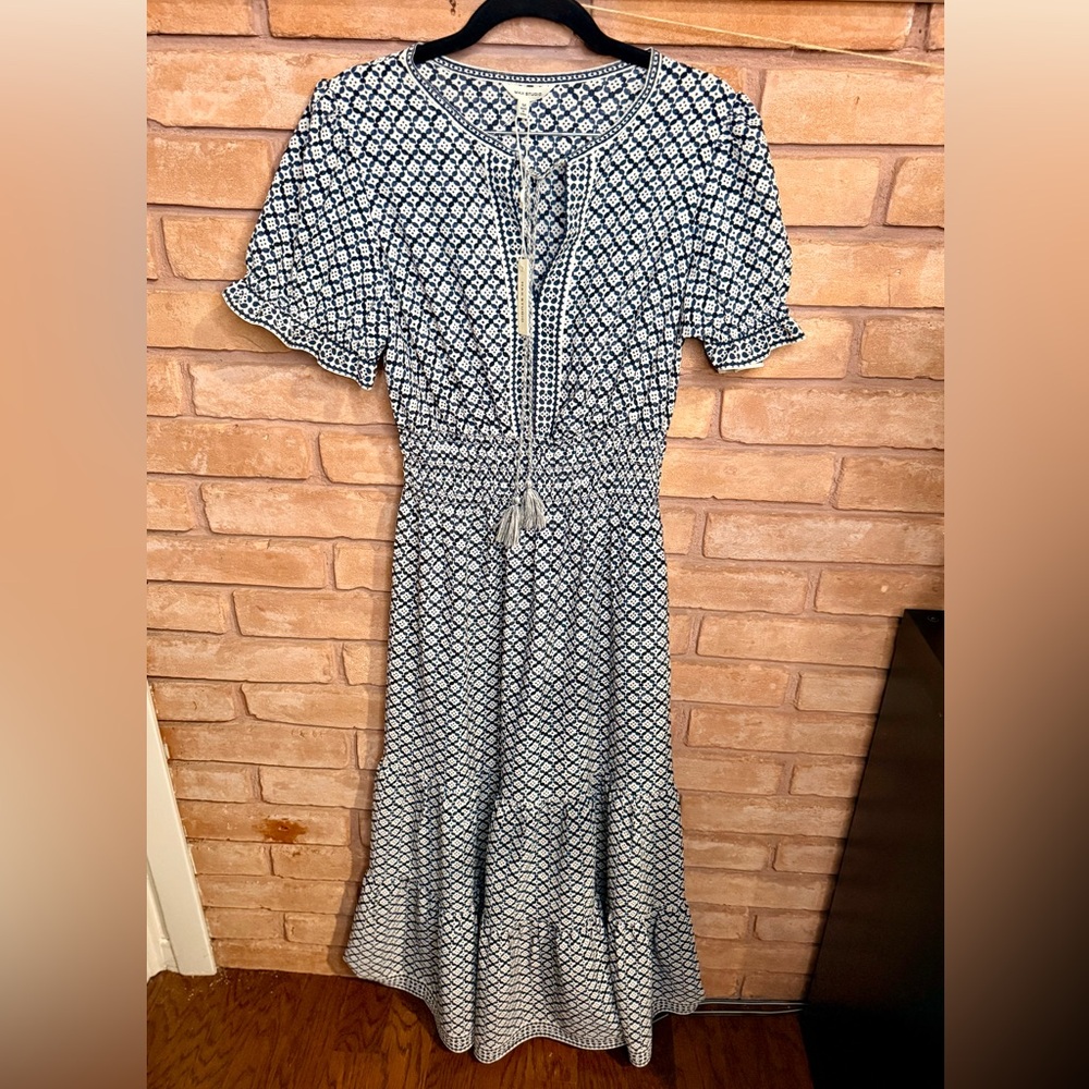 Max Studio Navy and Cream Patterned Maxi Dress with Tassel Tie